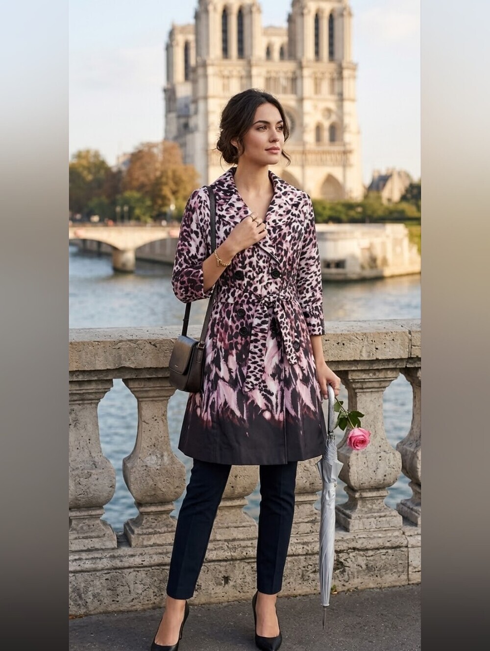 Vertigo Paris Pink & Black Printed Belted Trench Coat